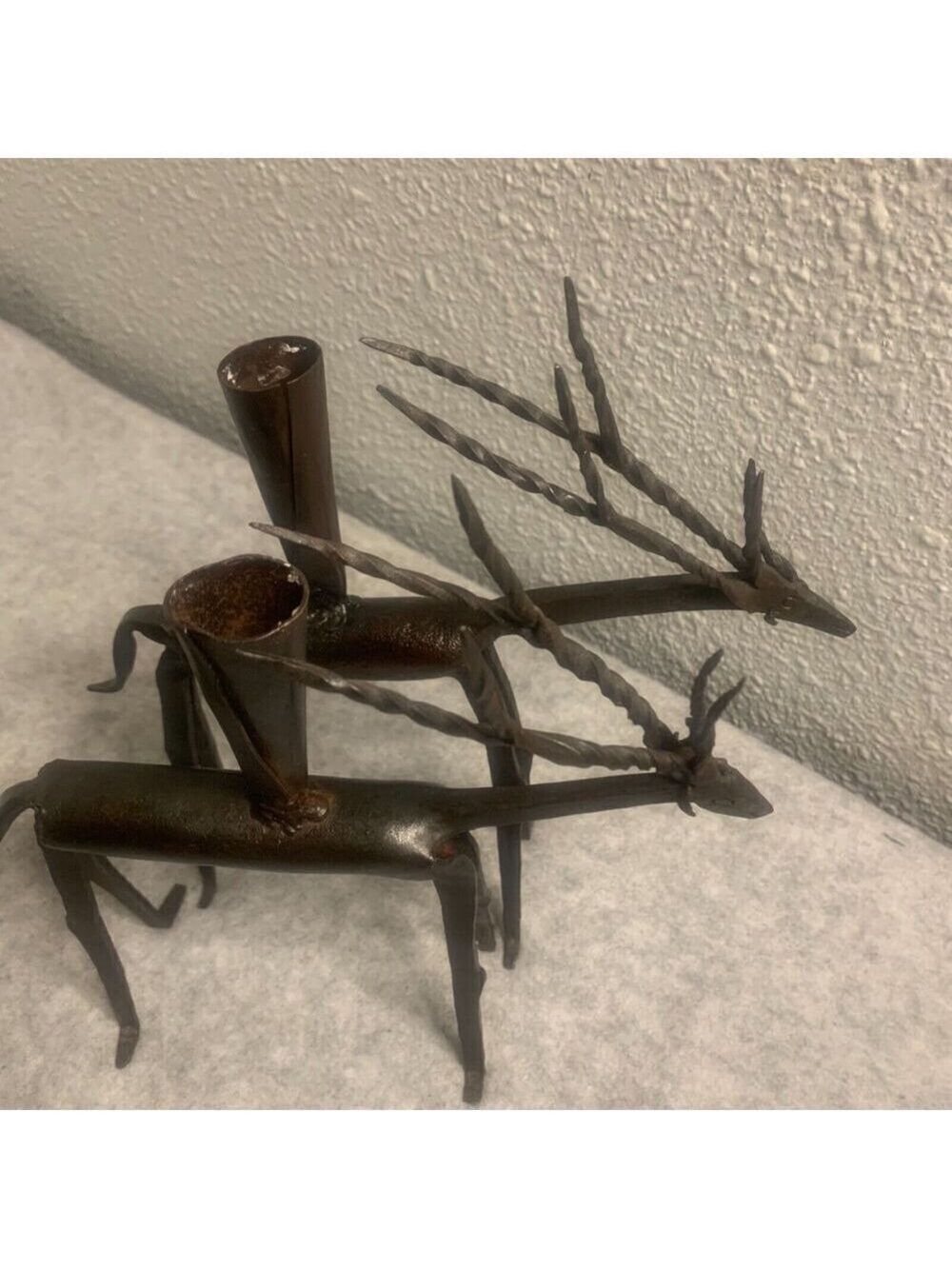 Mid Century Brutalist Forged Iron Deer Antelope Candleholders Set of 2 8”x8”x1”